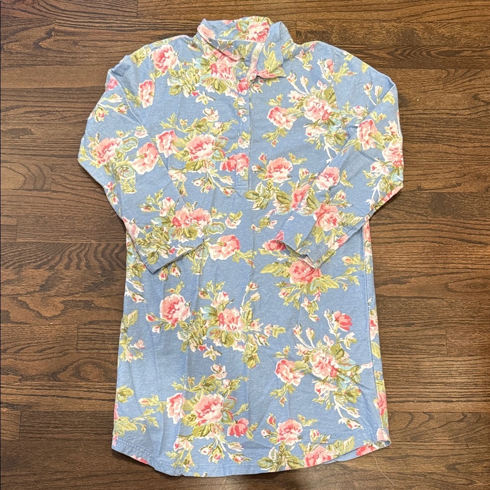 Garnet Hill Blue Floral Organic Cotton Sleep Dress Nightgown S